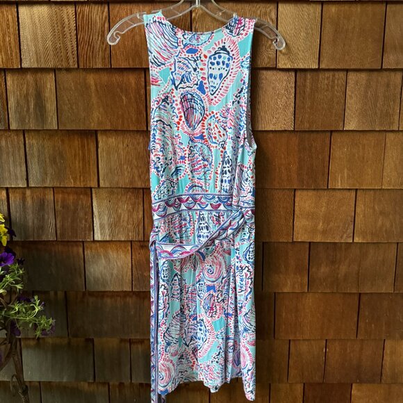EUC Lilly Pulitzer BELLINA WRAP DRESS Shell Me About It Blue Pink Women's Large - Picture 6 of 12